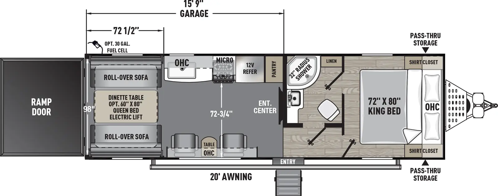 The Work and Play 27LT floorplan is a toy hauler that has one entry and zero slide outs. Exterior features include: fiberglass exterior and 20' awning. Interiors features include: front bedroom.